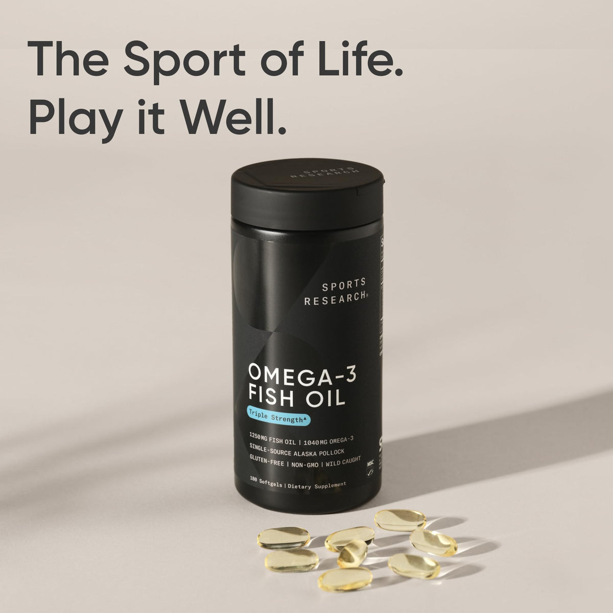 Sports Research Omega-3 Huile de Poisson 1250mg étiqueté sur le flacon