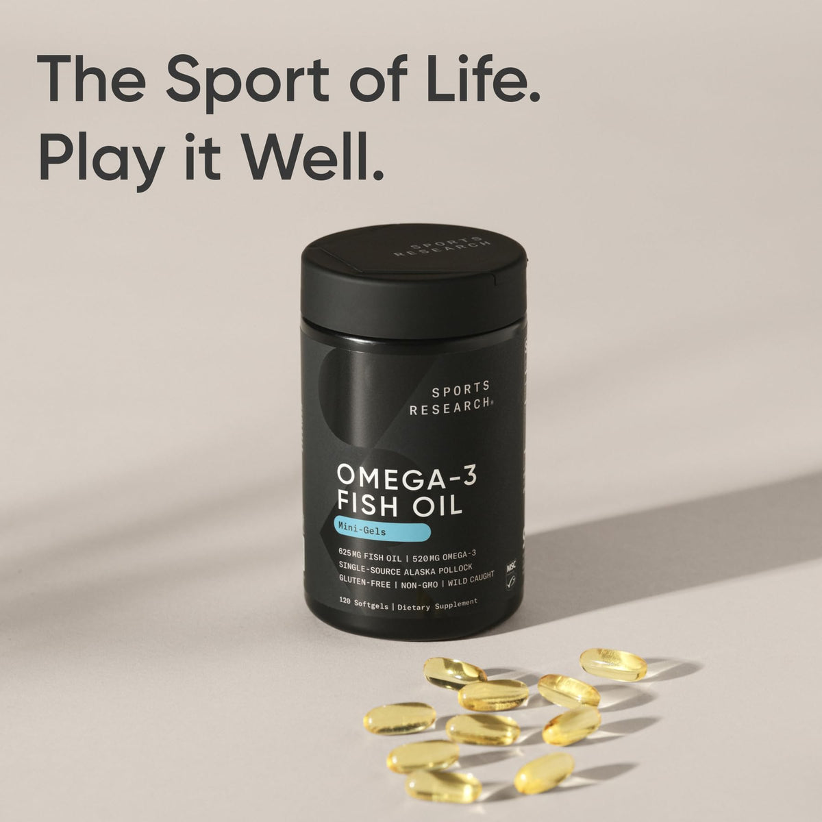 Sports Research Omega-3 Huile de Poisson Mini Gels sur une surface de cuisine