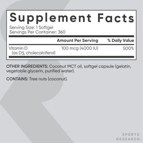 Sports Research Vitamine D3 avec huile MCT de coco en gros plan