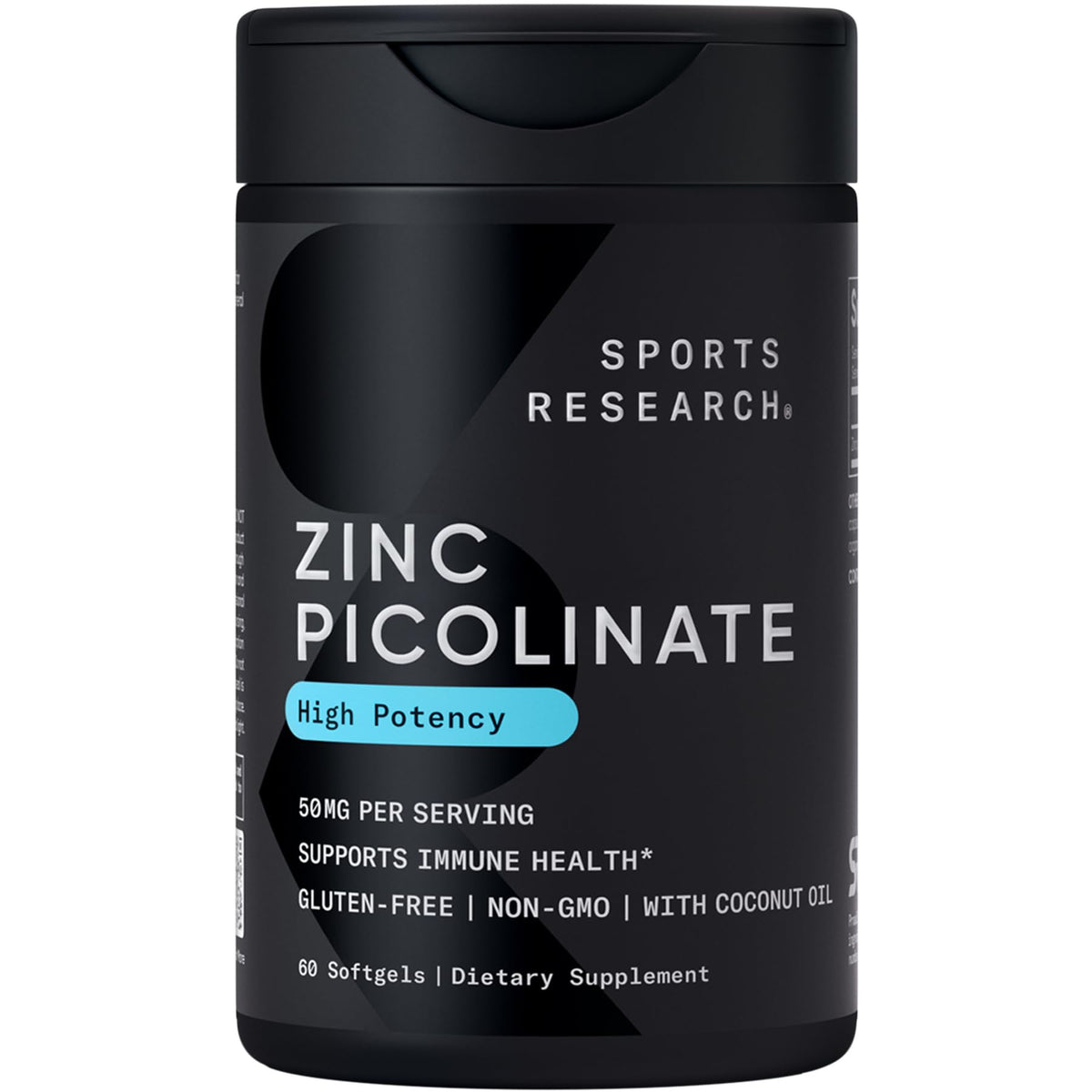 Sports Research Zinc Picolinate 50mg 60 gélules avec huile de coco bio, vue de face