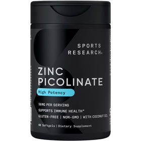 Sports Research Zinc Picolinate 50mg 60 gélules avec huile de coco bio, vue de face