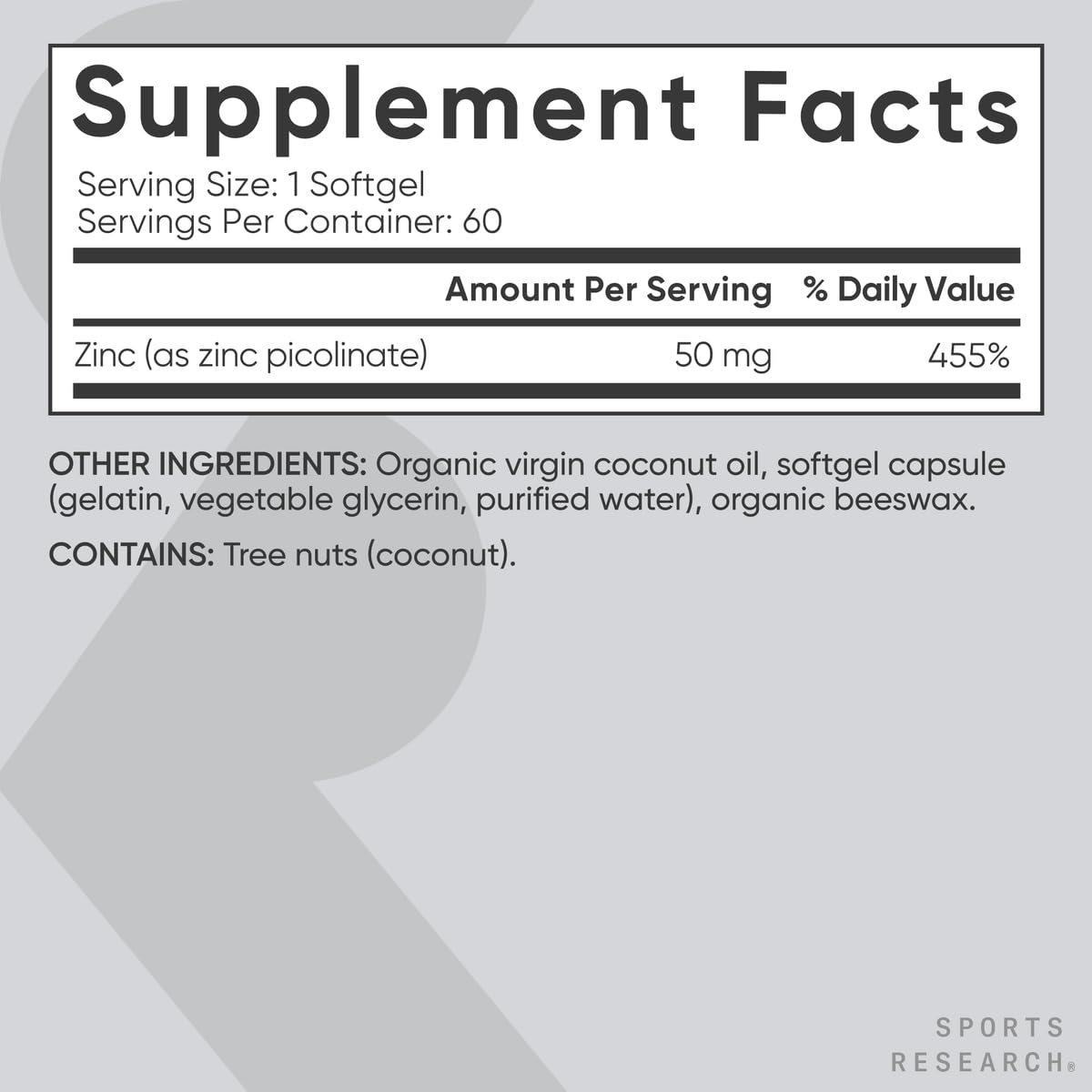 Sports Research Zinc Picolinate 50mg, huile de coco bio visible sur l'emballage