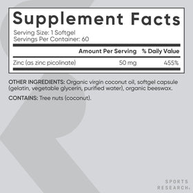 Sports Research Zinc Picolinate 50mg, huile de coco bio visible sur l'emballage