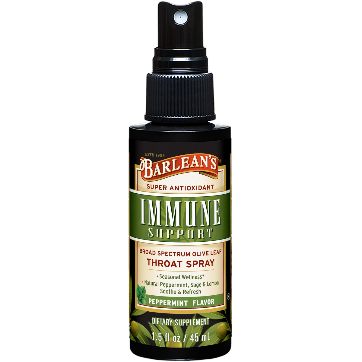Spray à la feuille d'olive Barlean's 1,5 oz vue de face avec étiquette