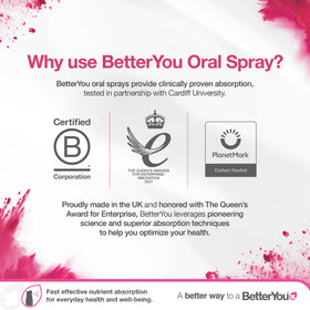 Spray B12 BetterYou sur une table avec un verre d'eau à côté