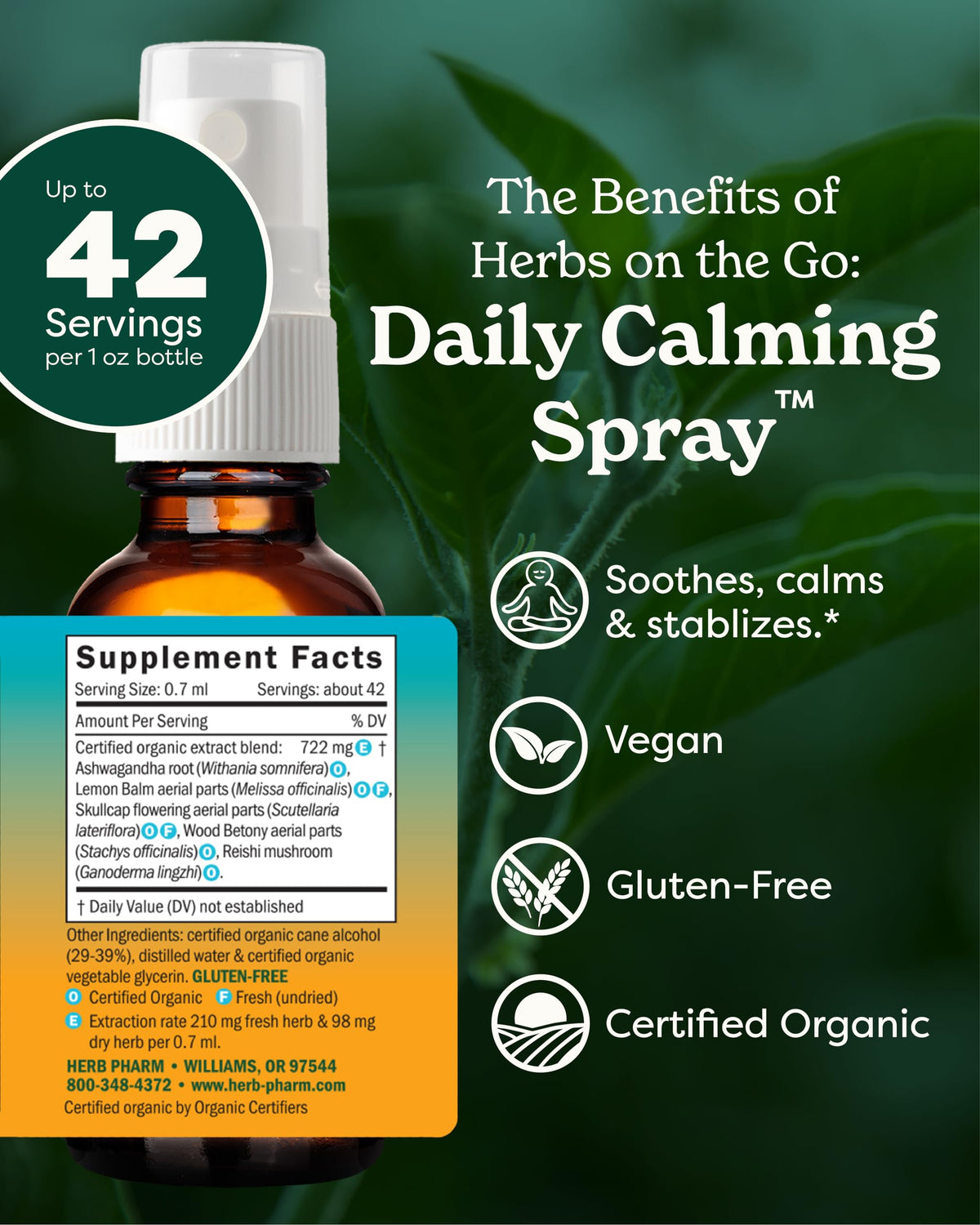 Spray calmant Herb Pharm 30ml vue arrière avec informations nutritionnelles