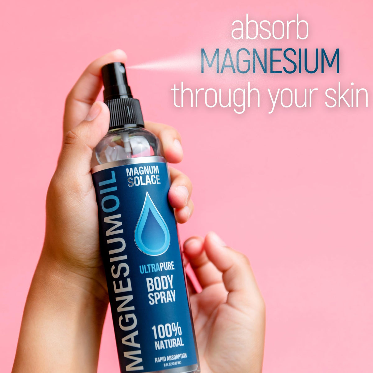 Spray d'Huile de Magnésium Magnum Solace en utilisation sur la peau