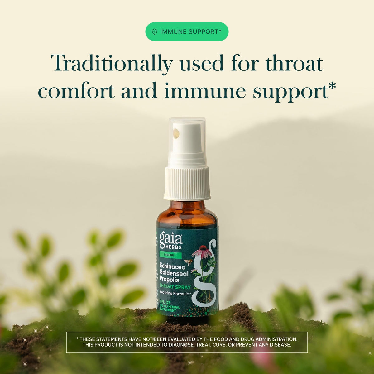 Spray de gorge Gaia Herbs en position verticale sur une table