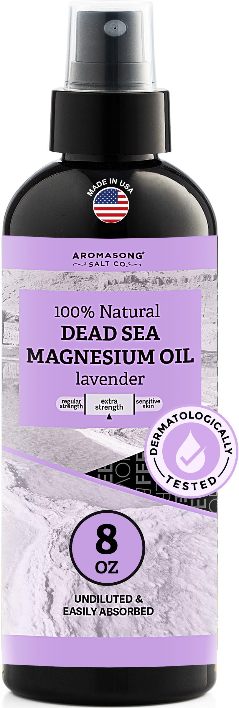 Spray de magnésium Aromasong 8 OZ vue avant avec étiquette à la lavande
