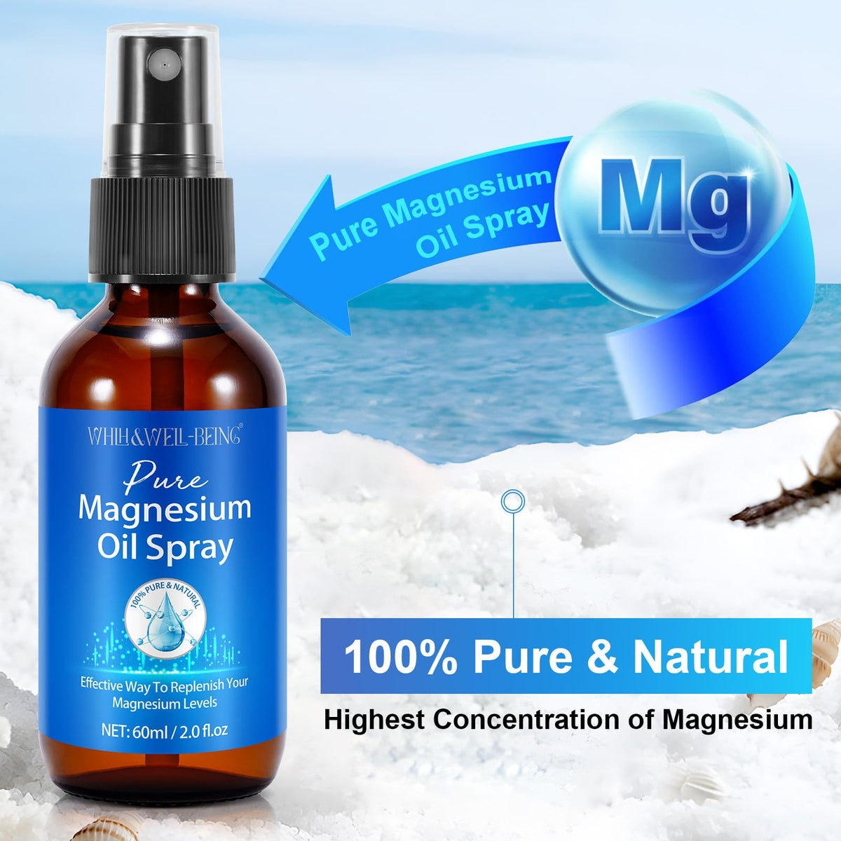 Spray de magnésium pur WHLH & WELL-BEING avec bouchon ouvert
