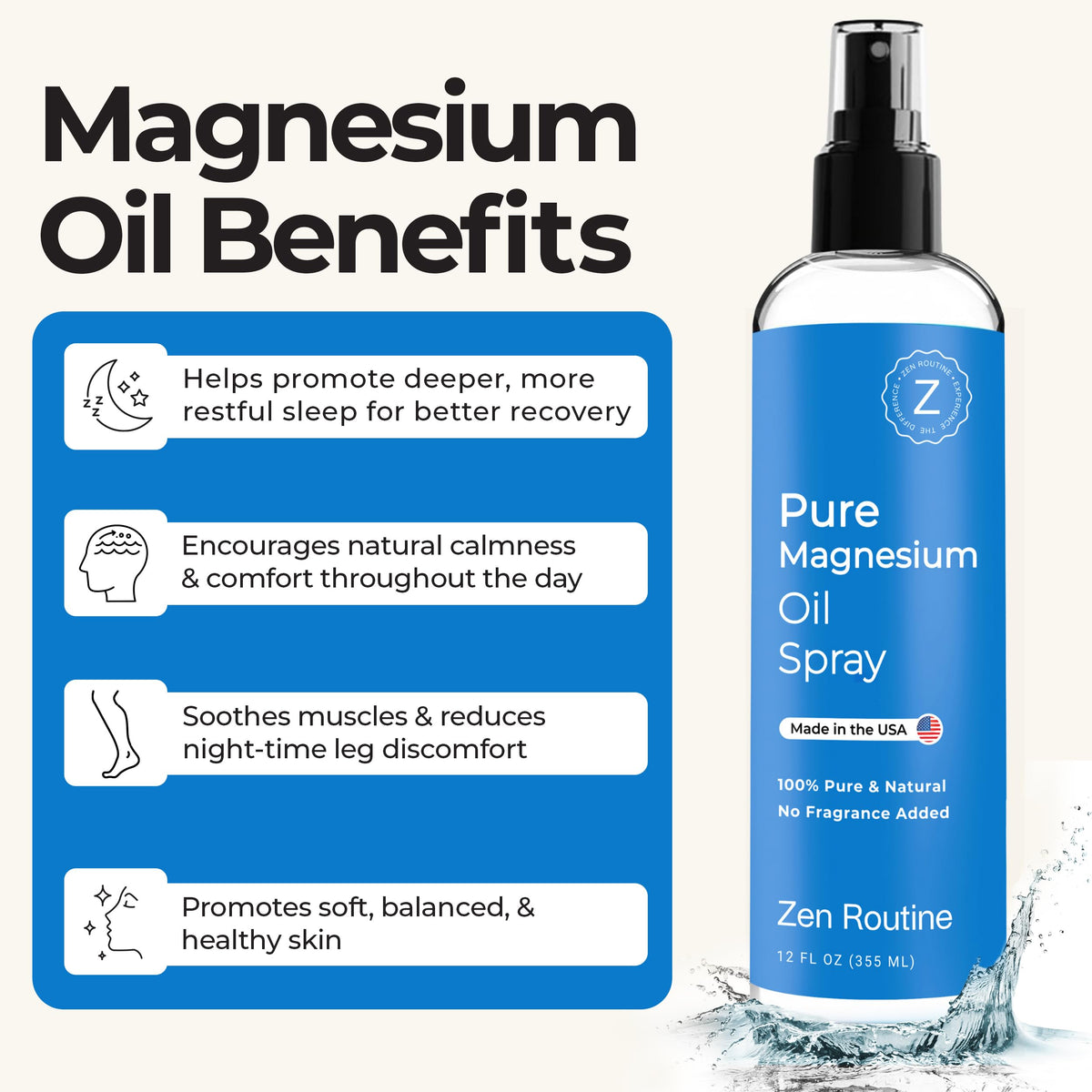 Spray de Magnésium Pur Zen Routine 355 ml avec étiquette