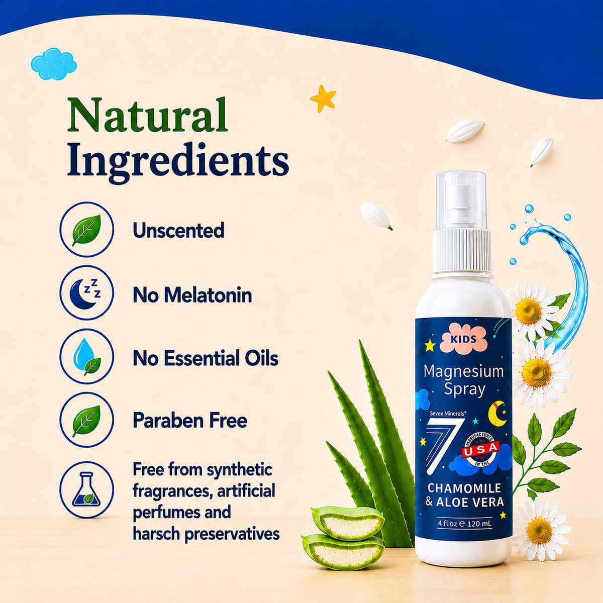 Spray de Magnésium Seven Minerals sur une table de nuit