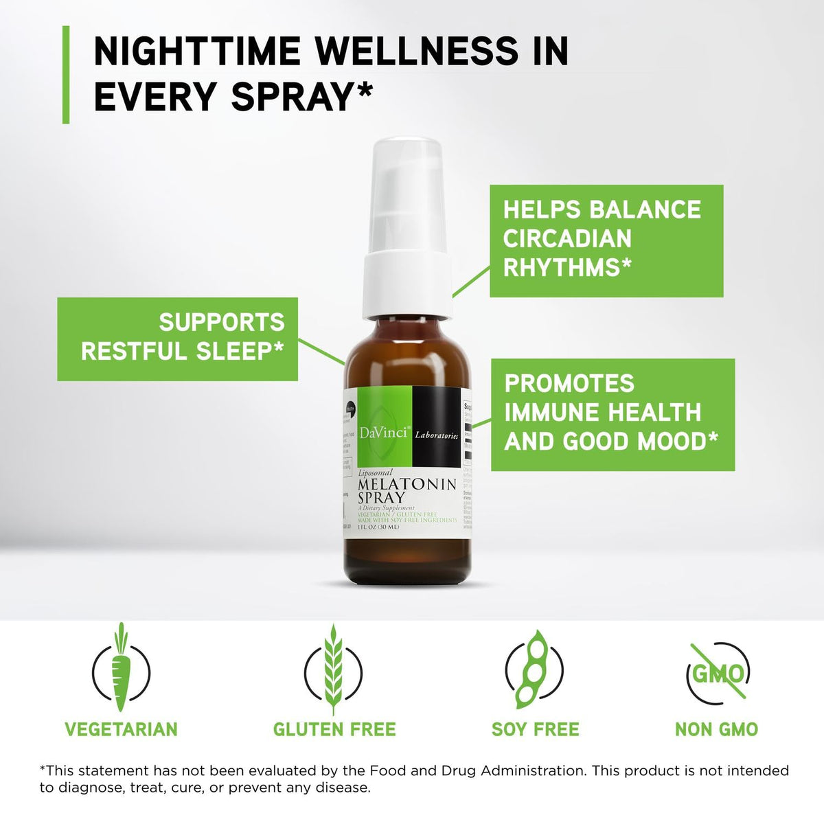 Spray de mélatonine DAVINCI sur une table avec des accessoires de sommeil