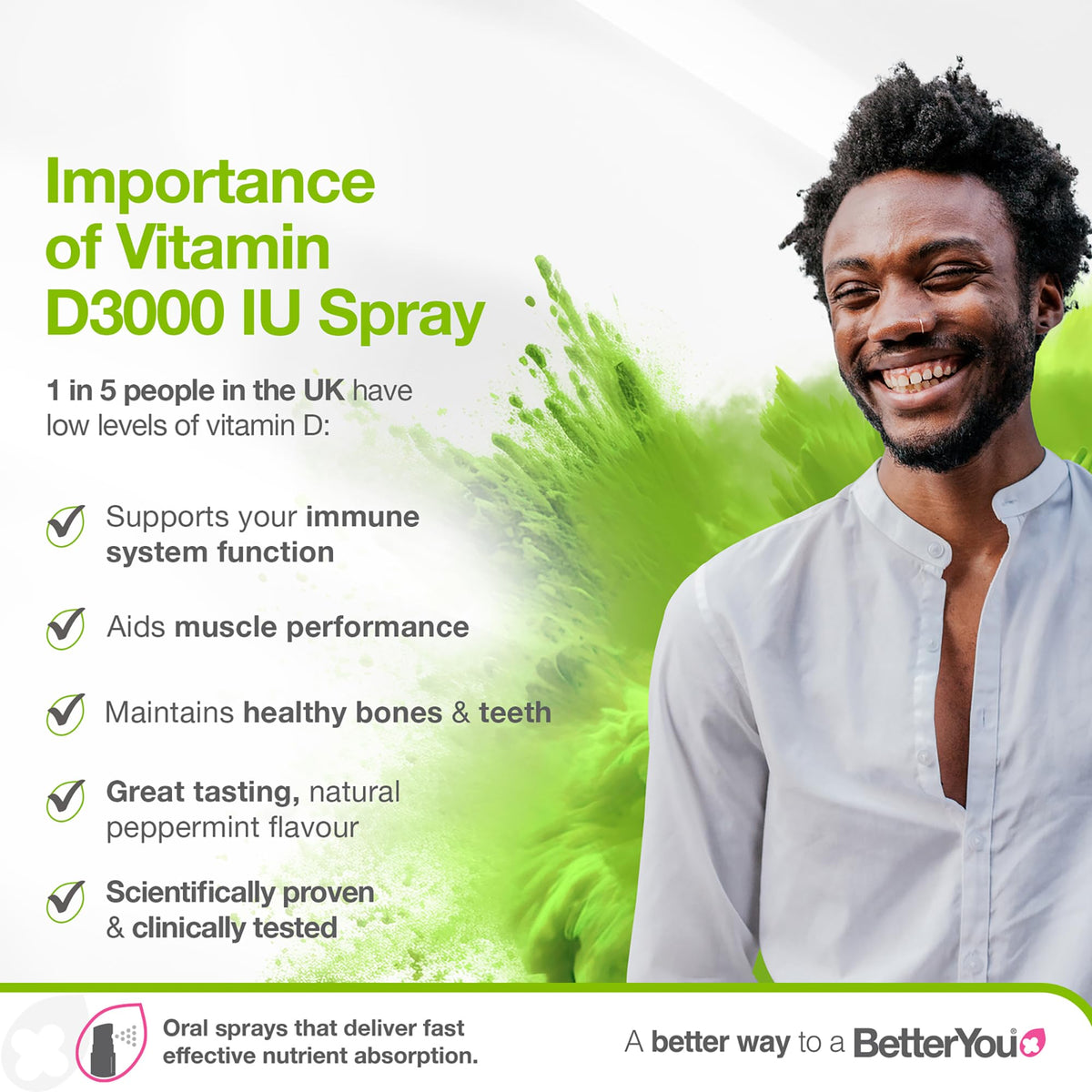 Spray de vitamine D avec buse de pulvérisation, vue de côté