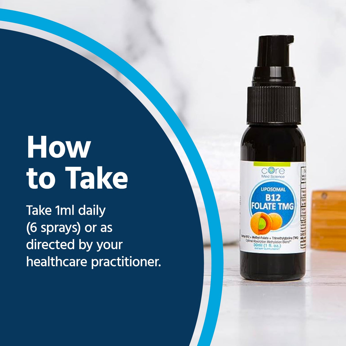 Spray liquide Core Med Science B12 Folate TMG sur une table