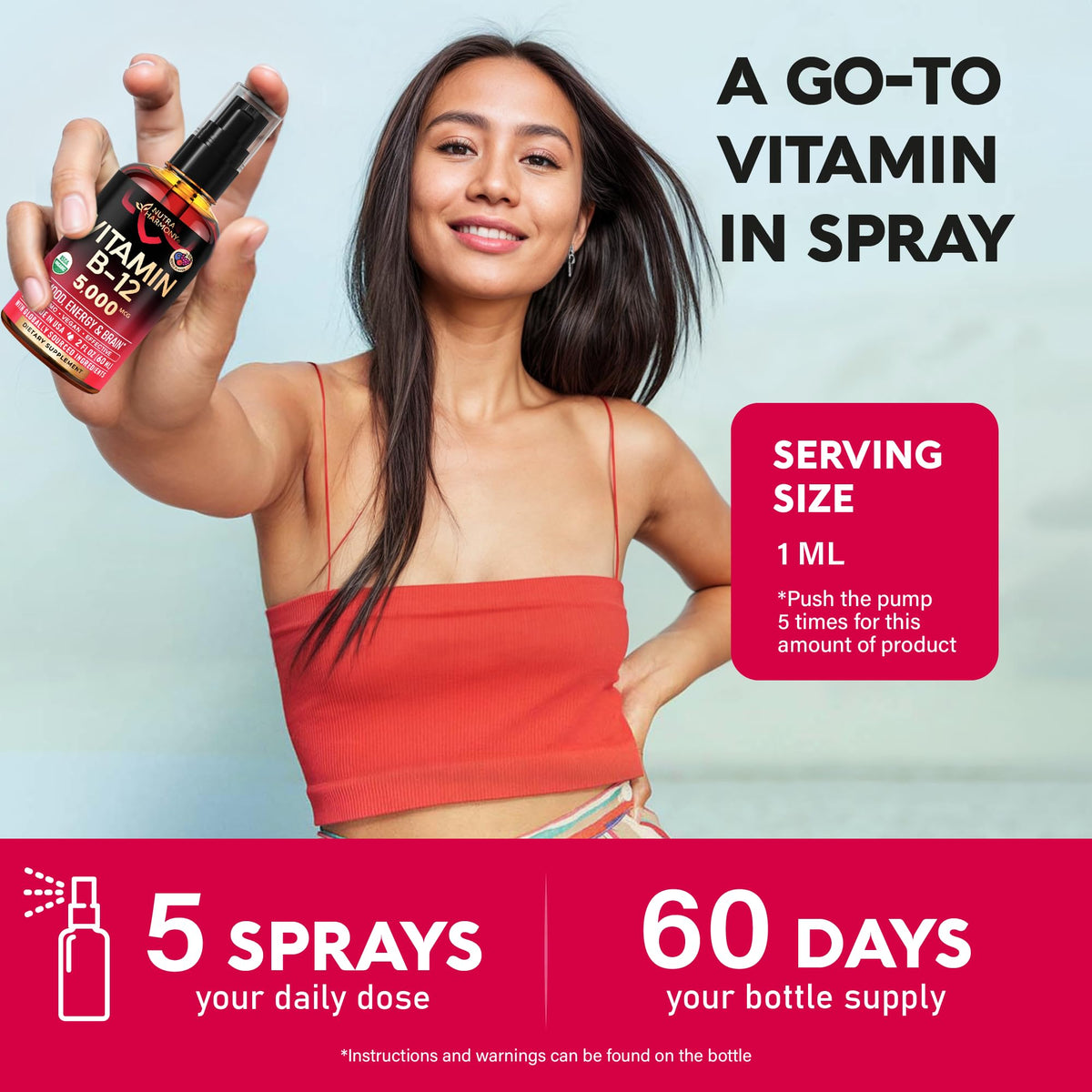 Spray Vitamine B12 NUTRAHARMONY avec fruits naturels en arrière-plan