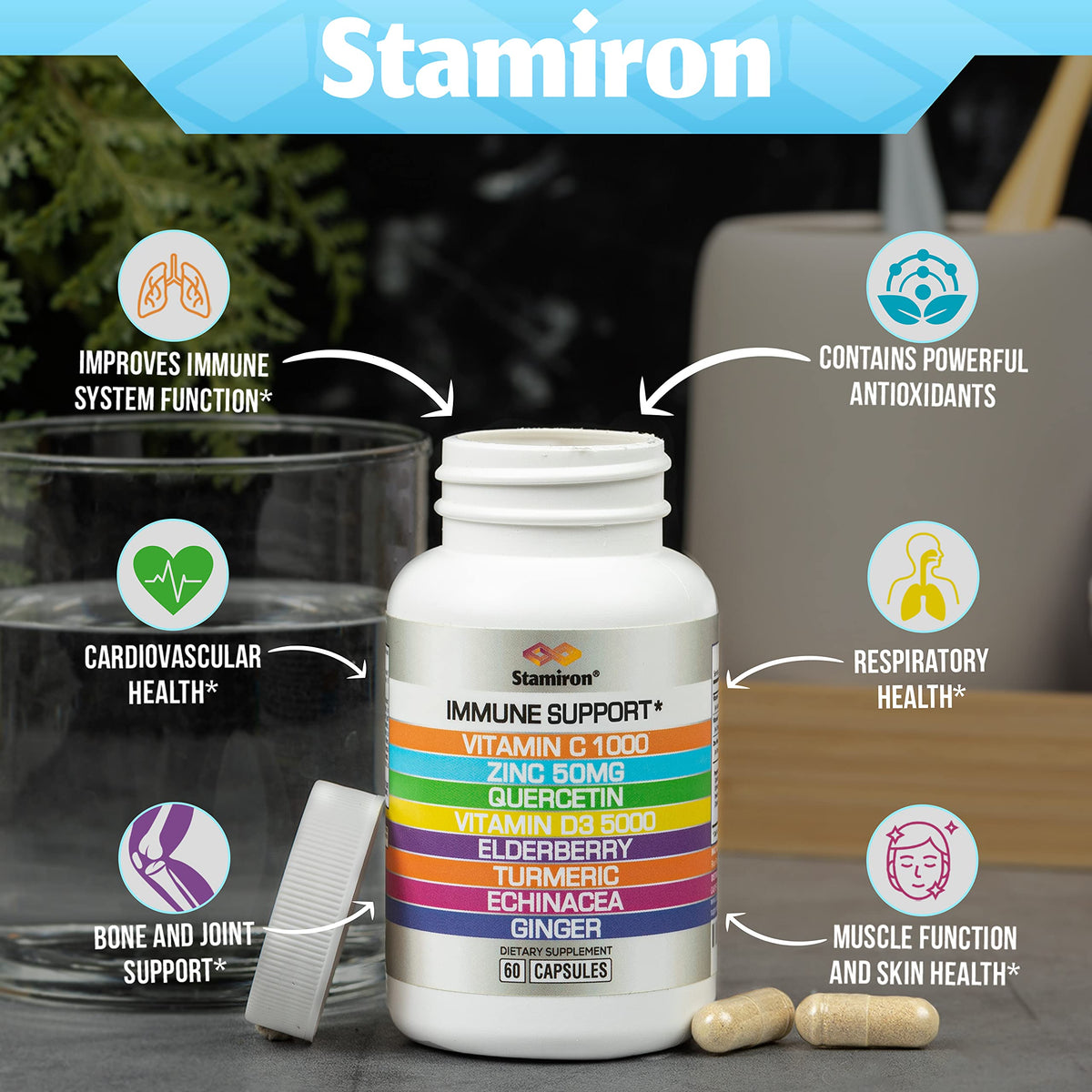 Stamiron Complément Alimentaire 8 en 1 capsules sur fond blanc