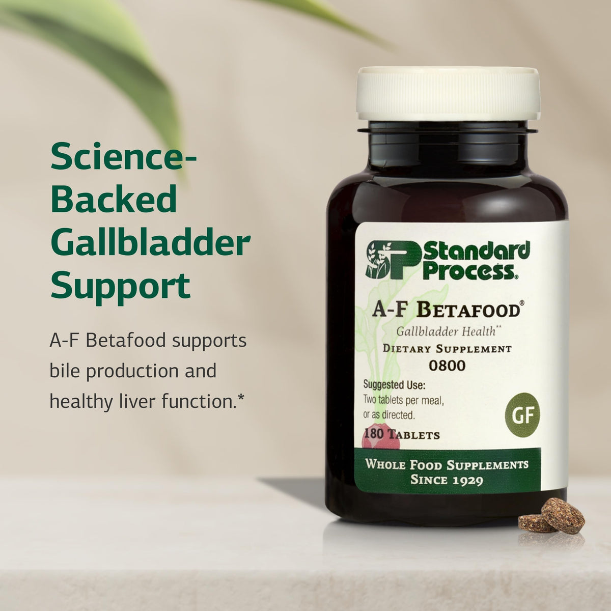 Standard Process A-F Betafood comprimés en gros plan sur tablette