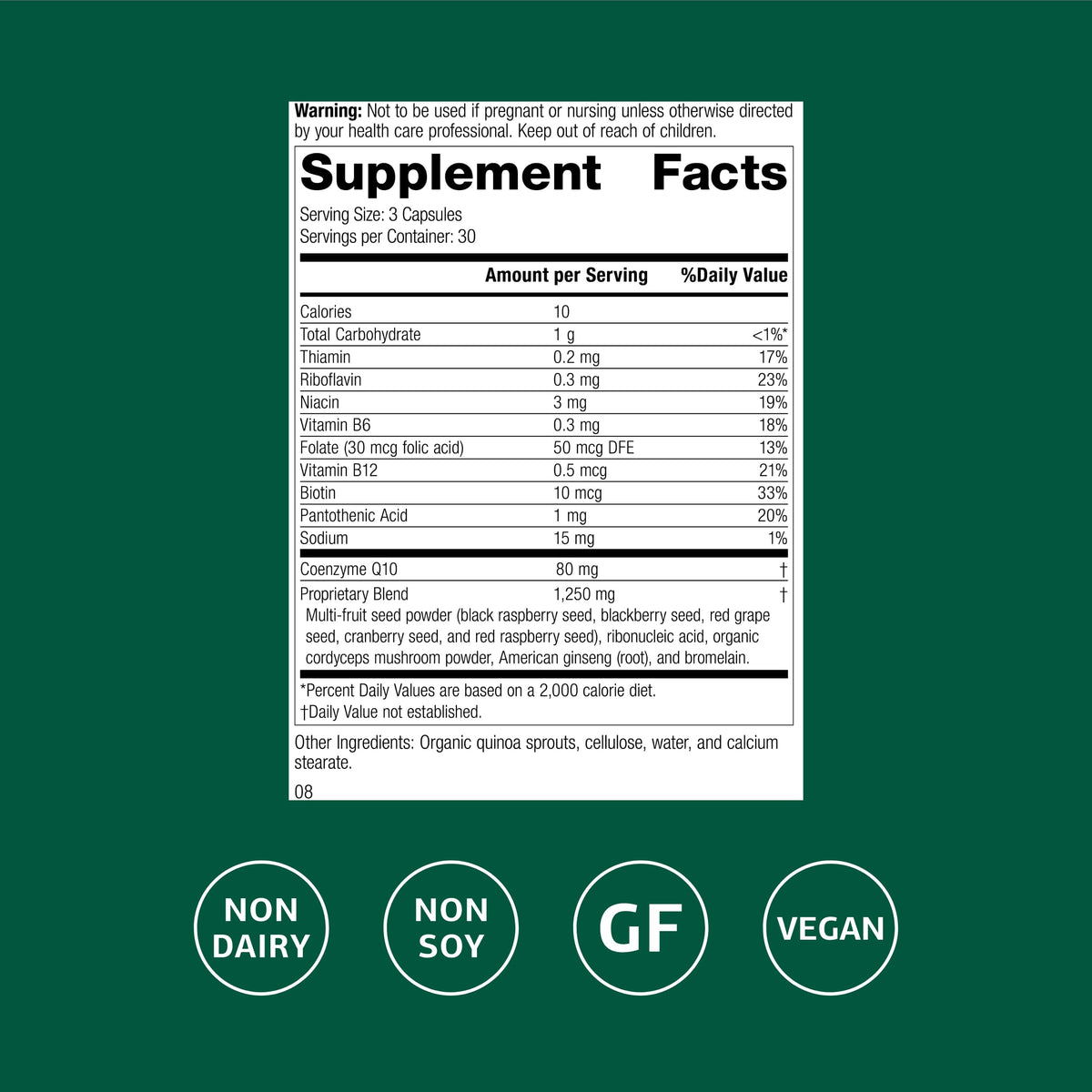 Standard Process B Vitality 90 capsules vue arrière avec ingrédients