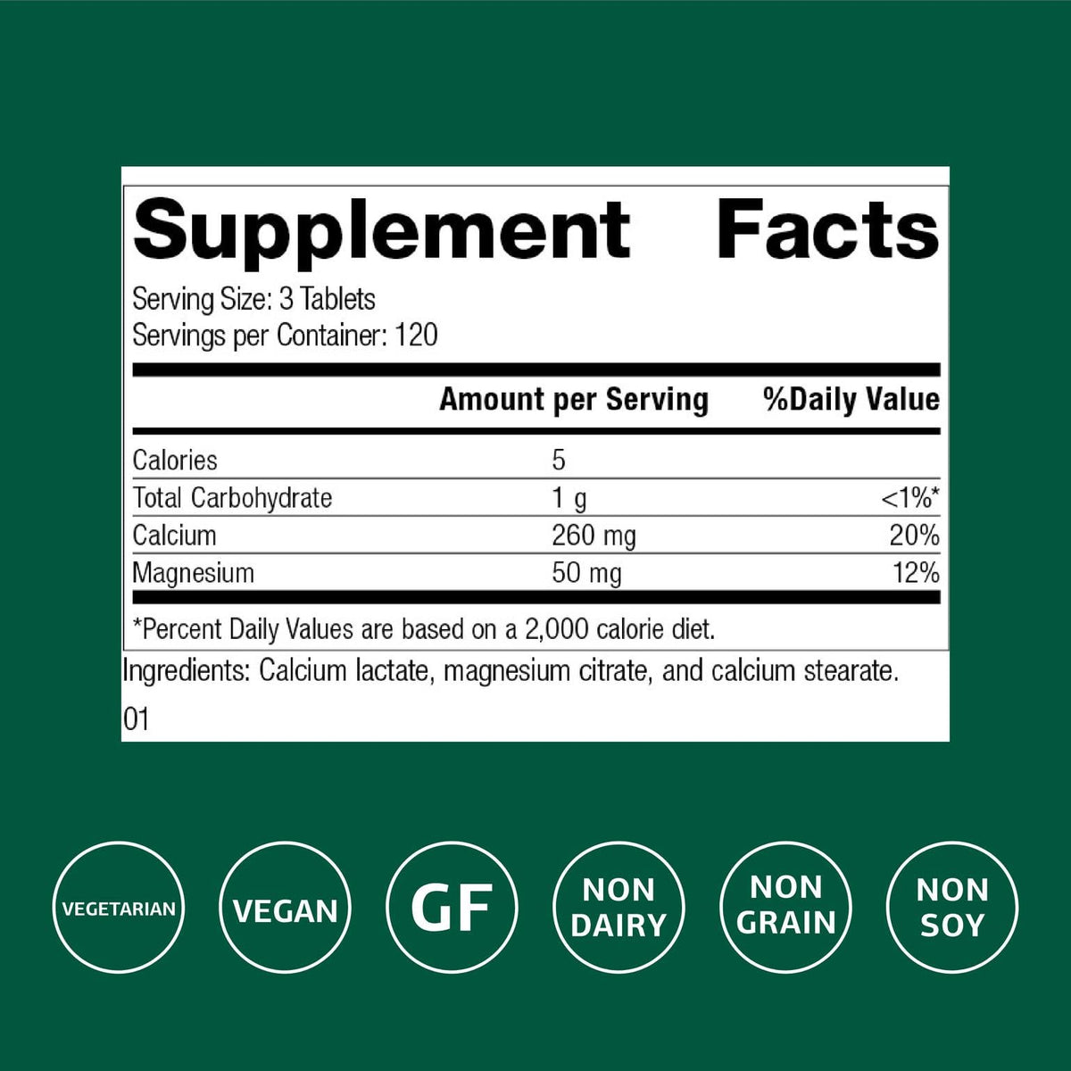 Standard Process Calcium Lactate comprimés, vue arrière de l'emballage