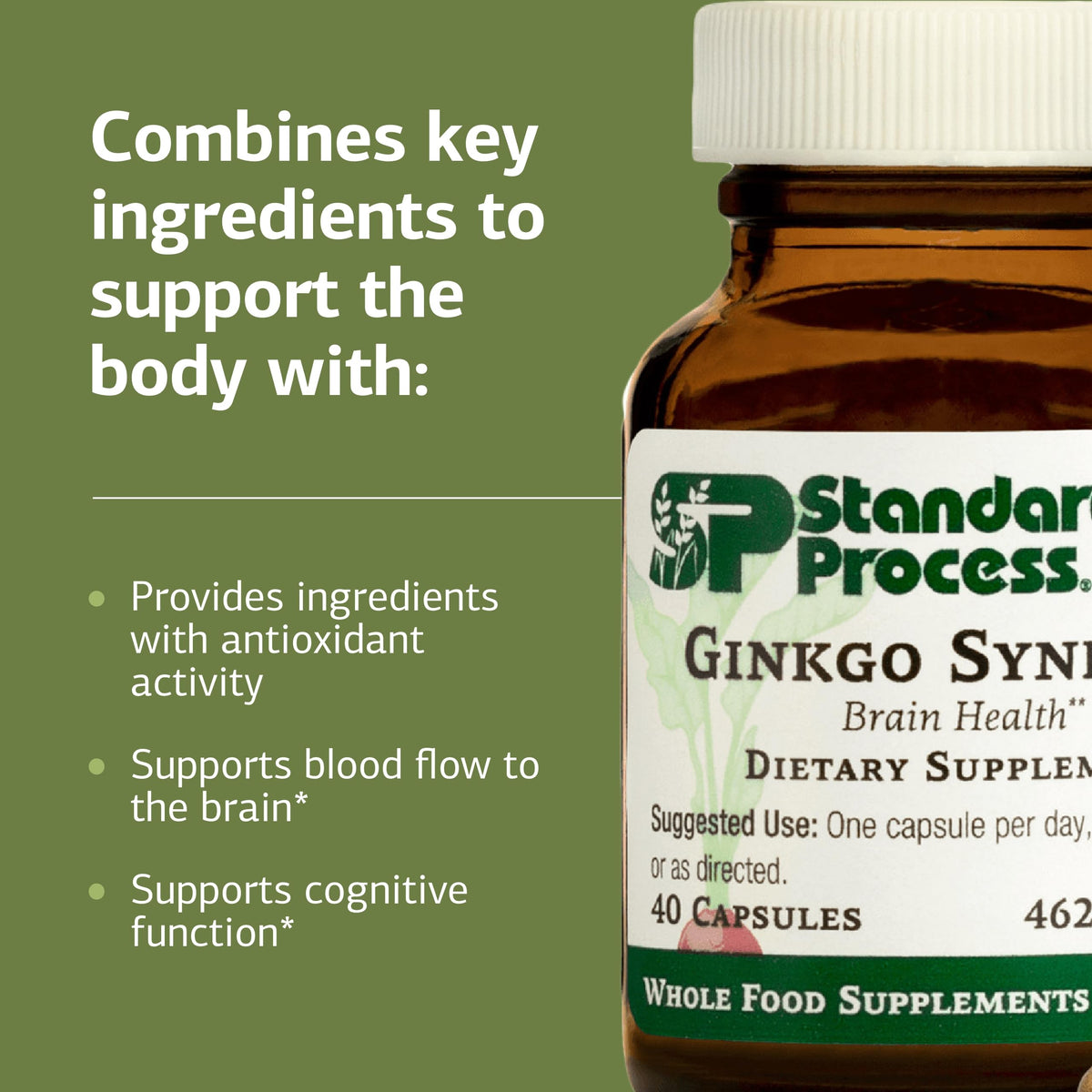 Standard Process Ginkgo Synergy capsules on a wooden table
