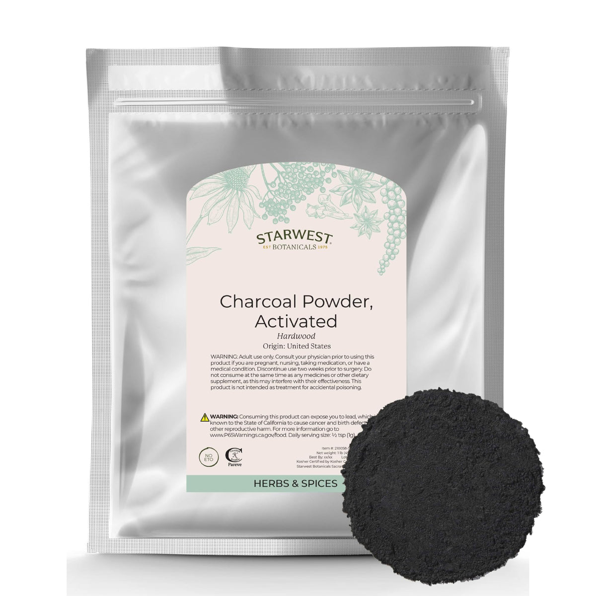 Starwest Botanicals poudre de charbon actif 508g vue de face