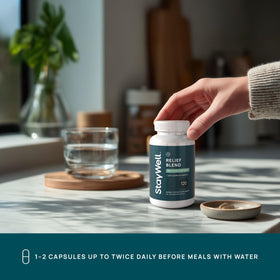Stay-Well Naturals complément alimentaire 120 capsules à côté d'une cuillère