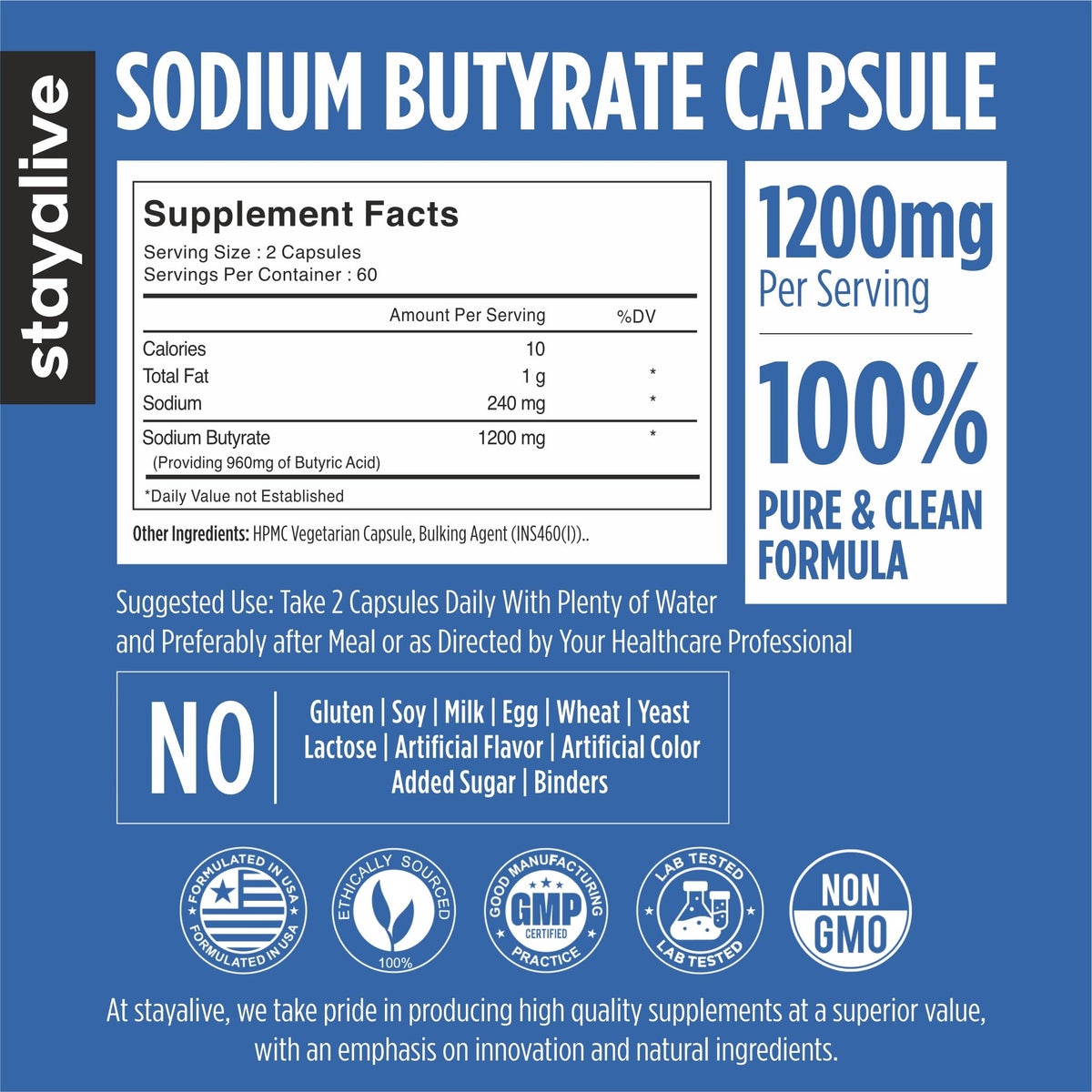 STAYALIVE Butyrate de Sodium 1200mg capsules végétariennes