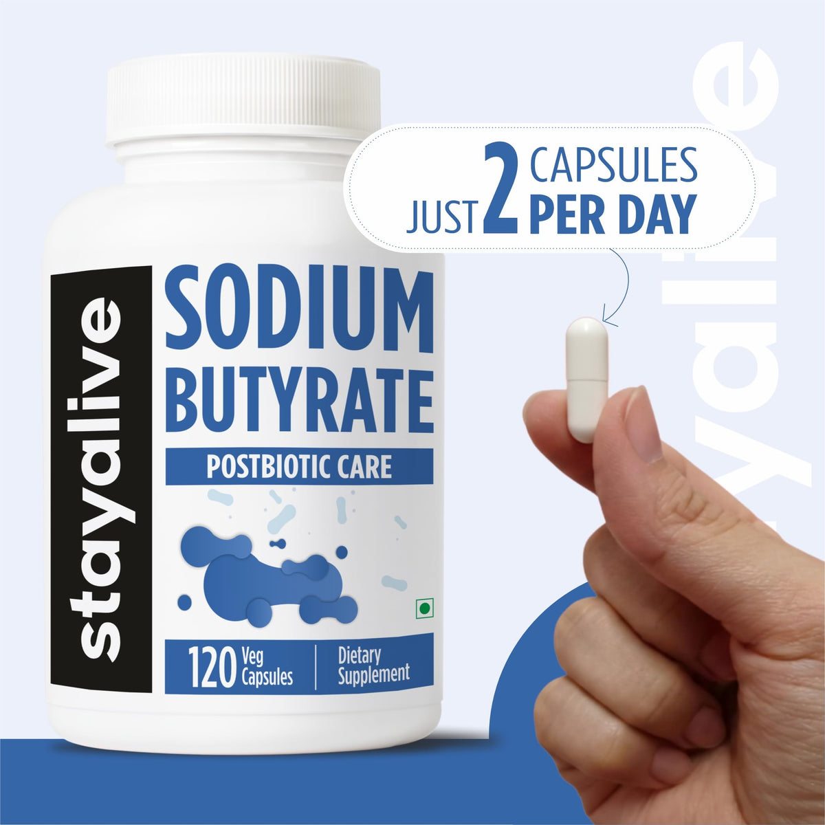STAYALIVE Butyrate de Sodium 1200mg vue de l'arrière de la bouteille