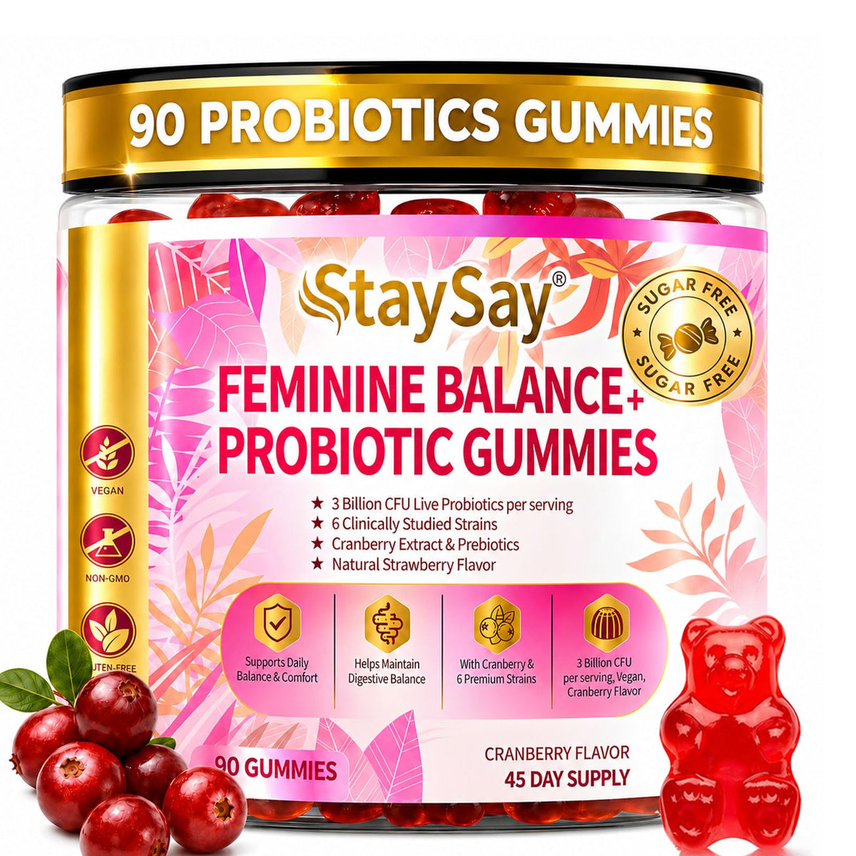 StaySay Gummies Probiotiques Féminins 90 Gummies Saveur Canneberge vue de face