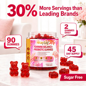 StaySay Gummies Probiotiques Féminins présentés sur un fond blanc