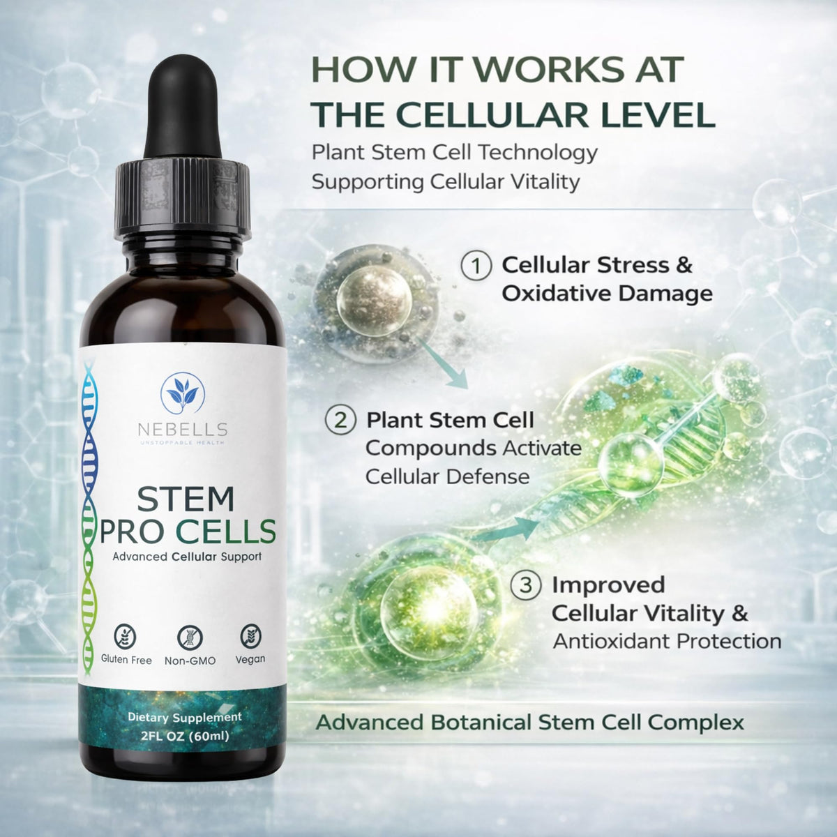 STEM PRO CELLS Complément Alimentaire Liquide 60 mL avec étiquette bien visible