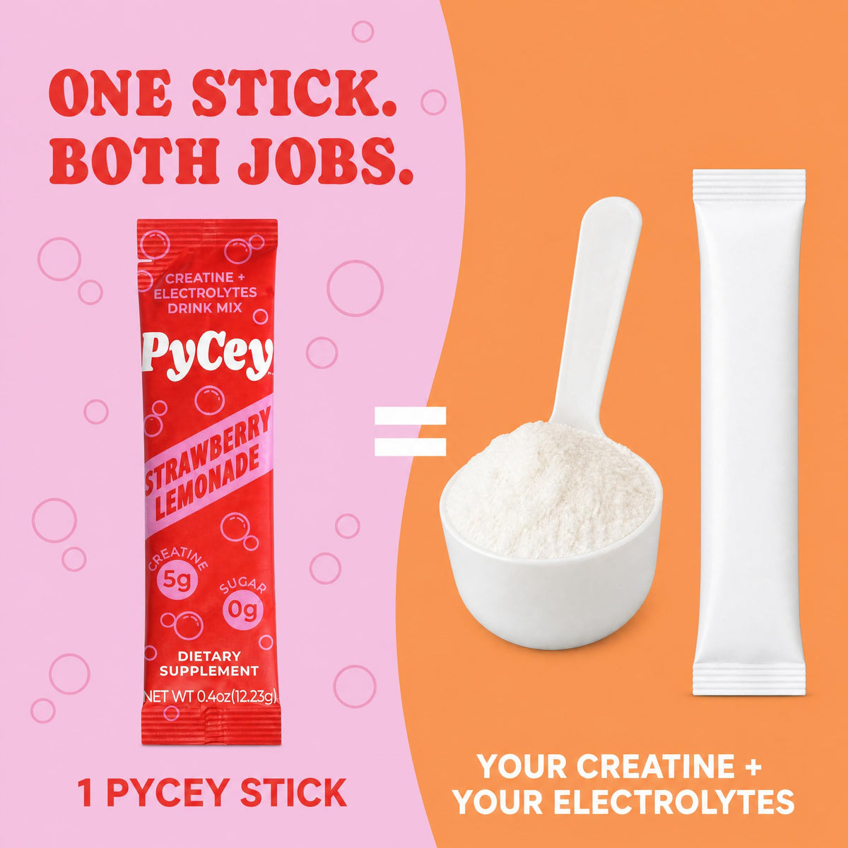 Stick de créatine effervescente PyCey à côté d'un verre d'eau