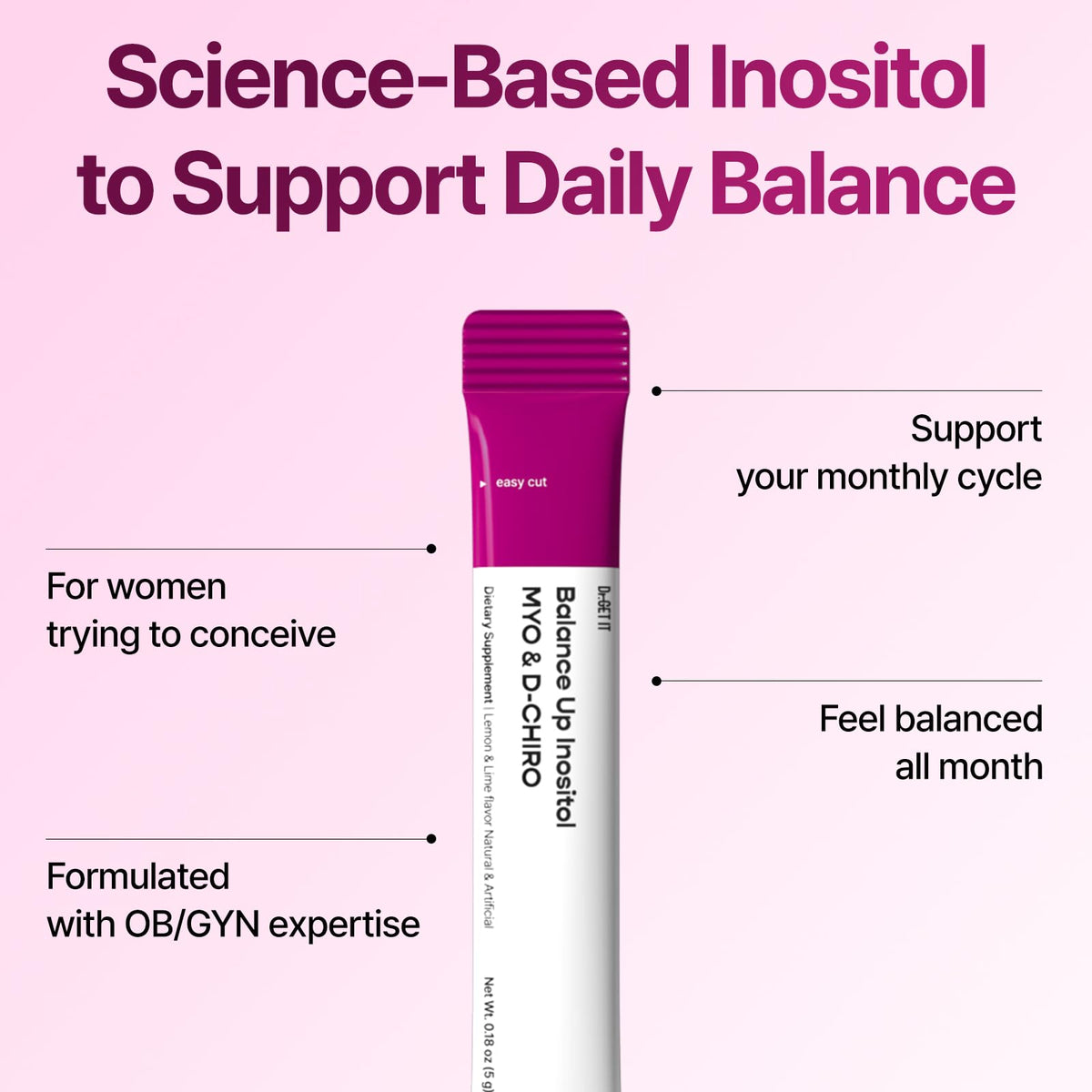 Stick de Dr.GET IT Balance Up Inositol 40:1 avec un stick en main