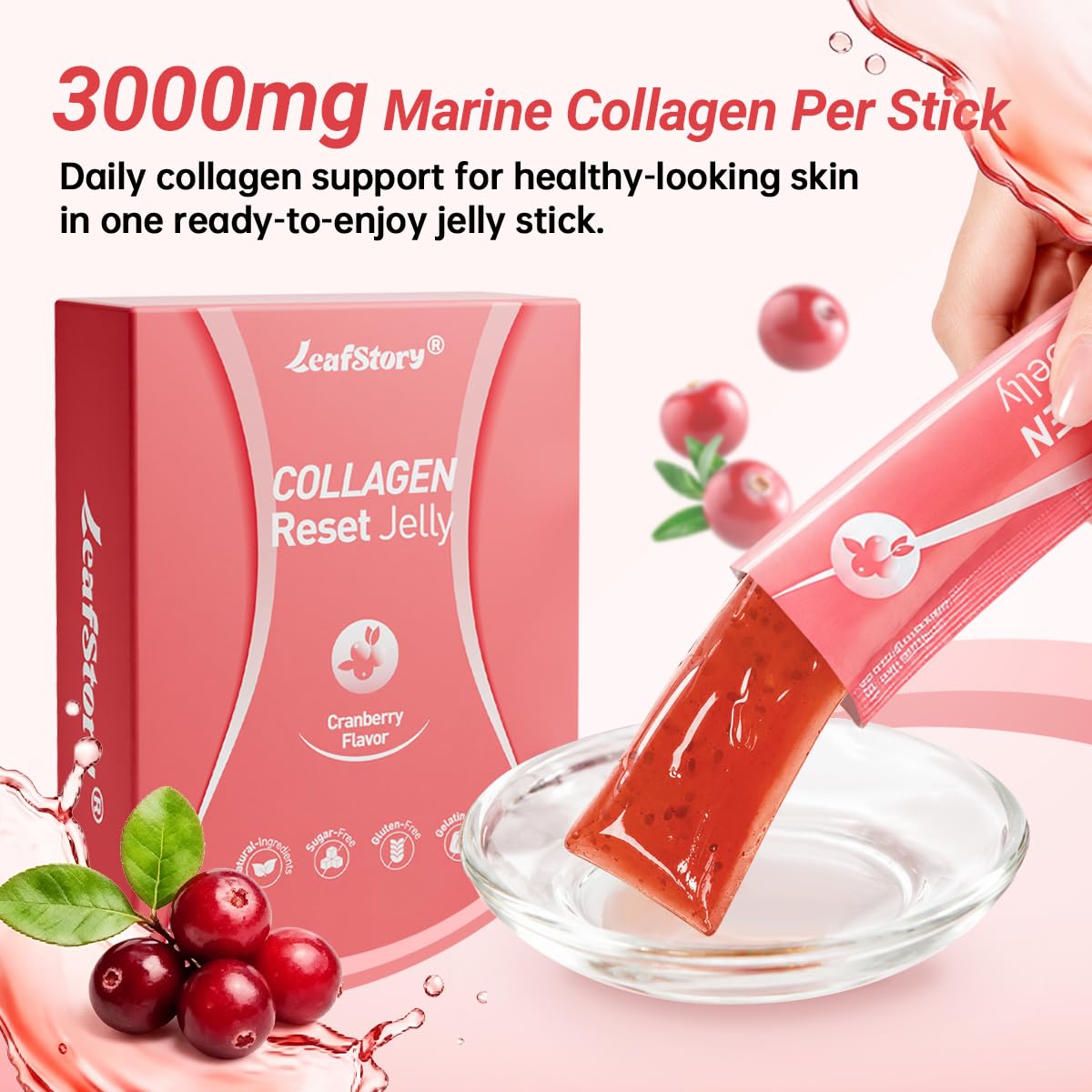 Stick de gelée Collagen Peptides LeafStory avec saveur de canneberge