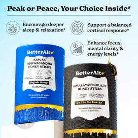 Stick de miel Ashwagandha et Shilajit de Better Alt avec étiquette visible