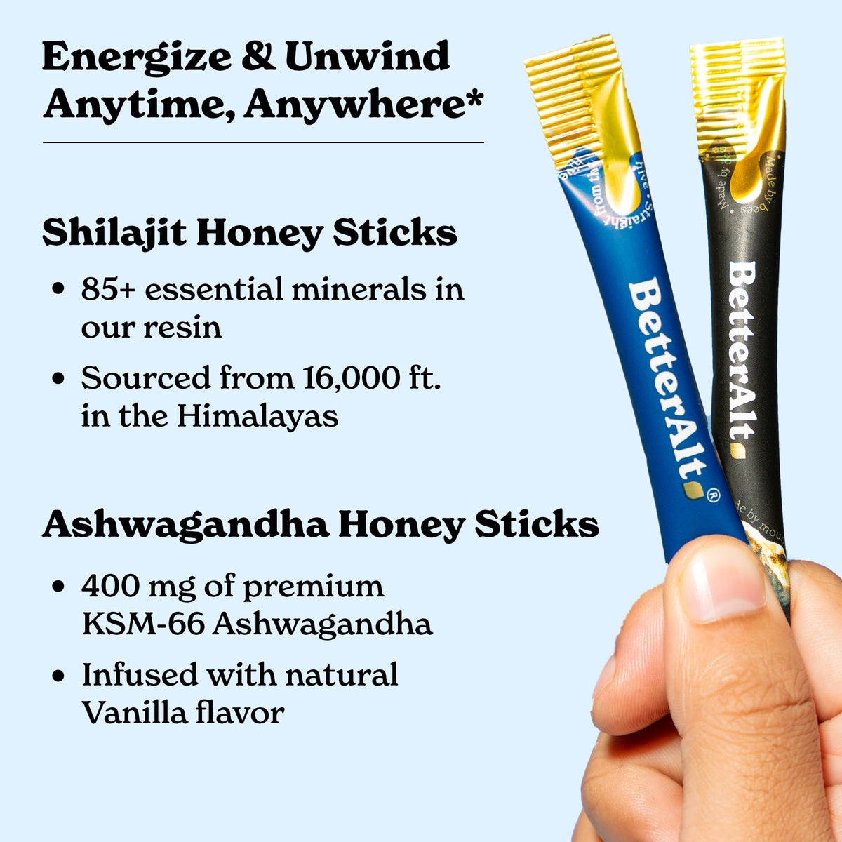 Stick de miel Ashwagandha et Shilajit de Better Alt sur fond blanc