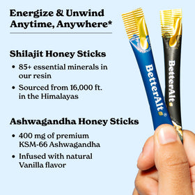 Stick de miel Ashwagandha et Shilajit de Better Alt sur fond blanc