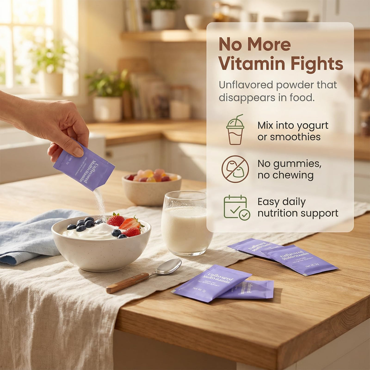 Stick pack de poudre de vitamines PRIMEHAVEN sur fond blanc