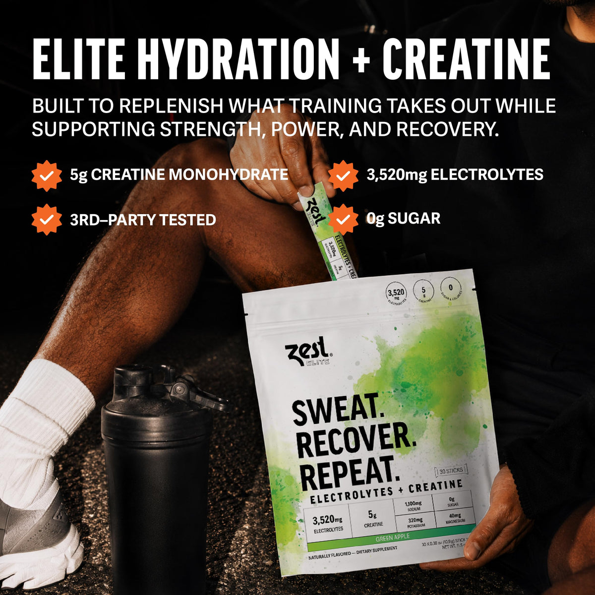 Stick ZEST créatine ouvert vers un verre d'eau