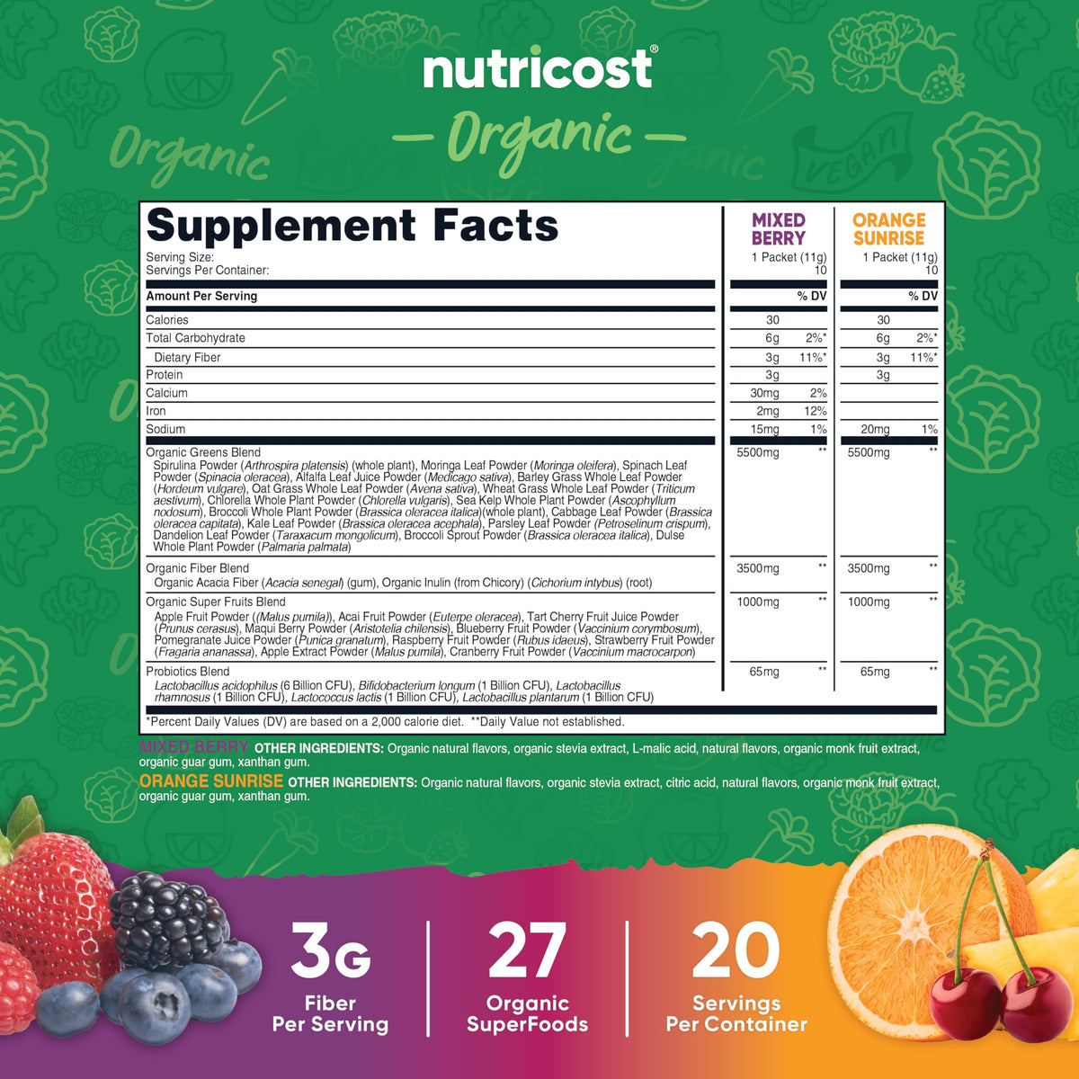 Stickpack Nutricost Super Greens saveur baie mélangée