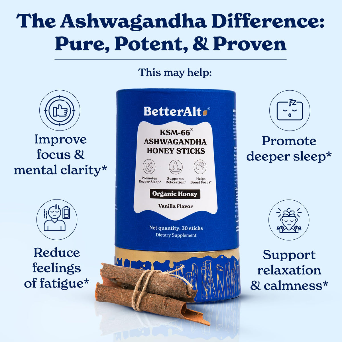 Sticks de miel Ashwagandha et Shilajit de Better Alt dans une main