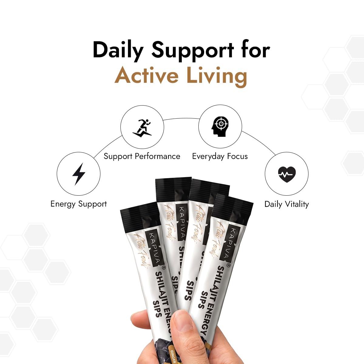 Sticks de miel Kapiva Shilajit, format individuel avec étiquette visible