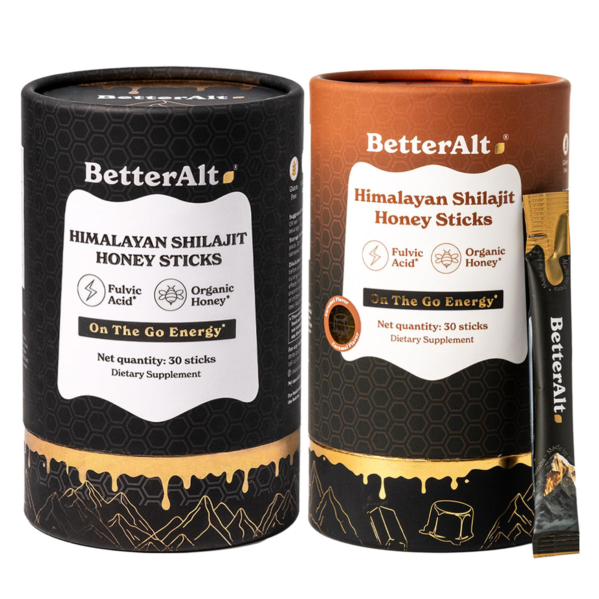 Sticks de Shilajit Better Alt Classic et Caramel, paquet de 60 unités