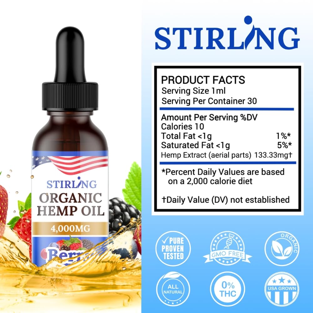 STIRLING Huile de Graines de Chanvre Bio 4000mg à côté de fruits frais