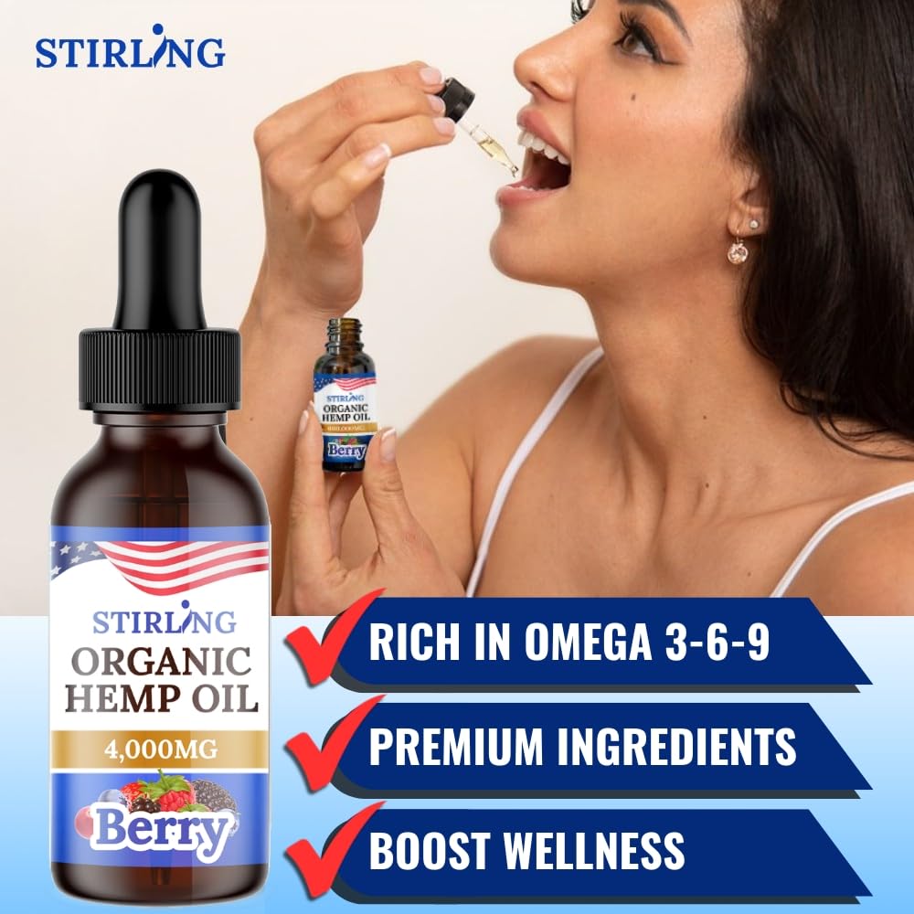 STIRLING Huile de Graines de Chanvre Bio 4000mg présentation avec baies