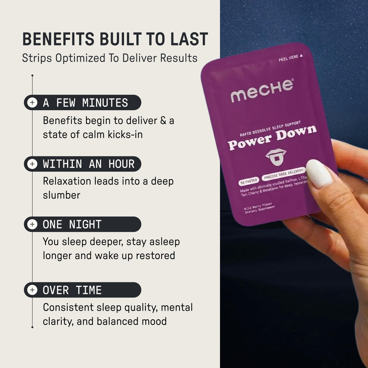 Strips de sommeil Meche Power Down™ en train de se dissoudre sur la langue