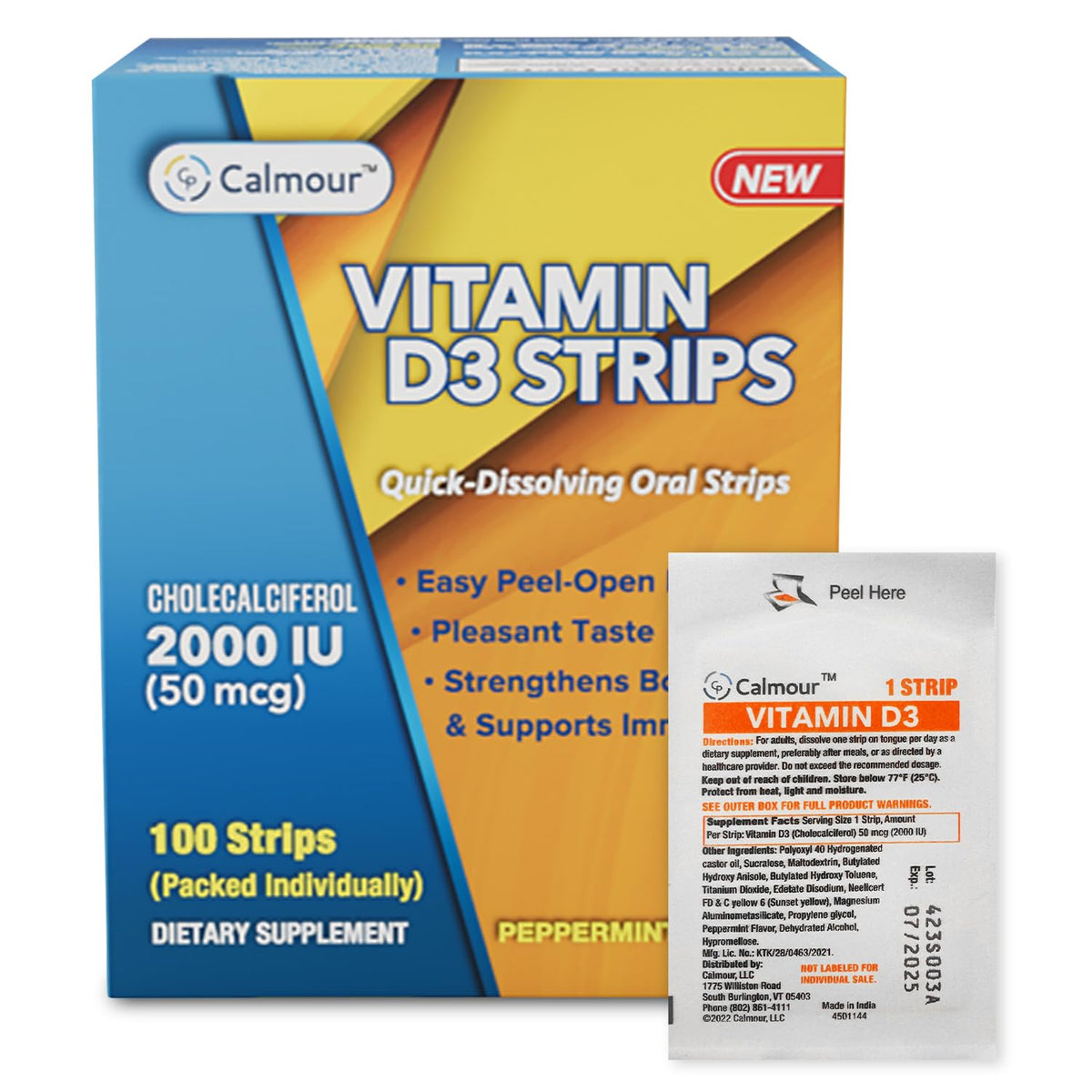 Strips de Vitamine D3 CALMOUR 2000 UI menthe face avant