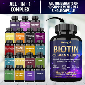 StrongVit Biotine flacon contre un fond naturel