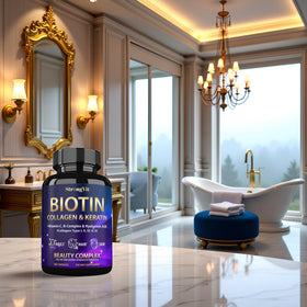 StrongVit Biotine flacon sur un bureau avec lumière douce